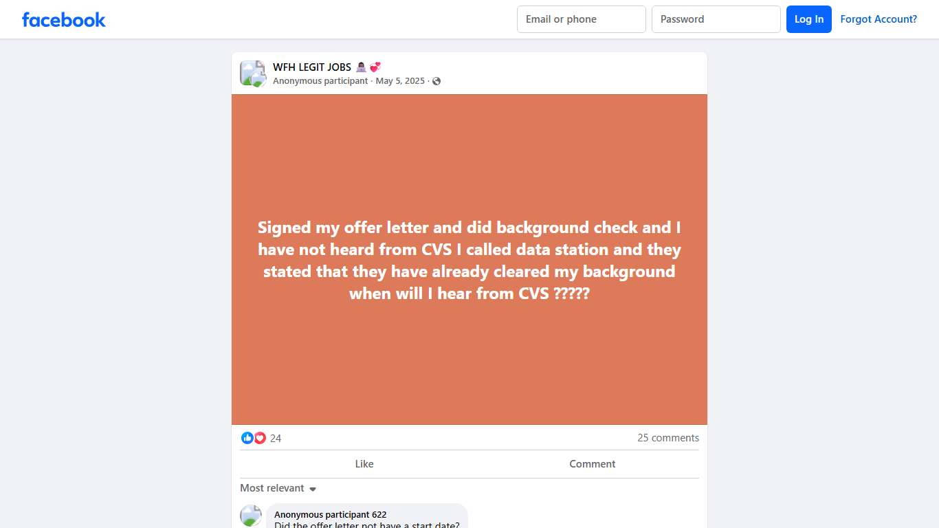 WFH LEGIT JOBS 👩🏾‍💻💞 Signed my offer letter and did background check and I have not heard from CVS I called data station and they stated that they have already cleared my ... Facebook